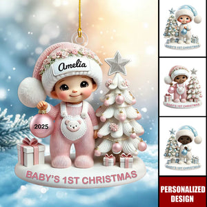 Cute Baby Standing Beside Christmas Tree 3D Effect Baby's First Christmas Personalized Ornament