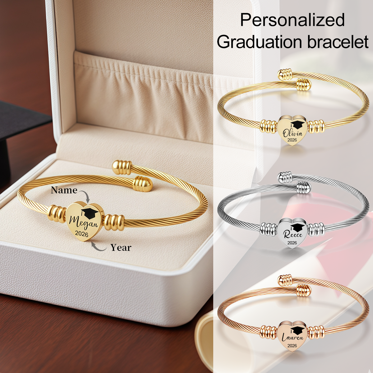 Personalized Graduation Bracelet, Engraved Heart Charm, Class of 2026