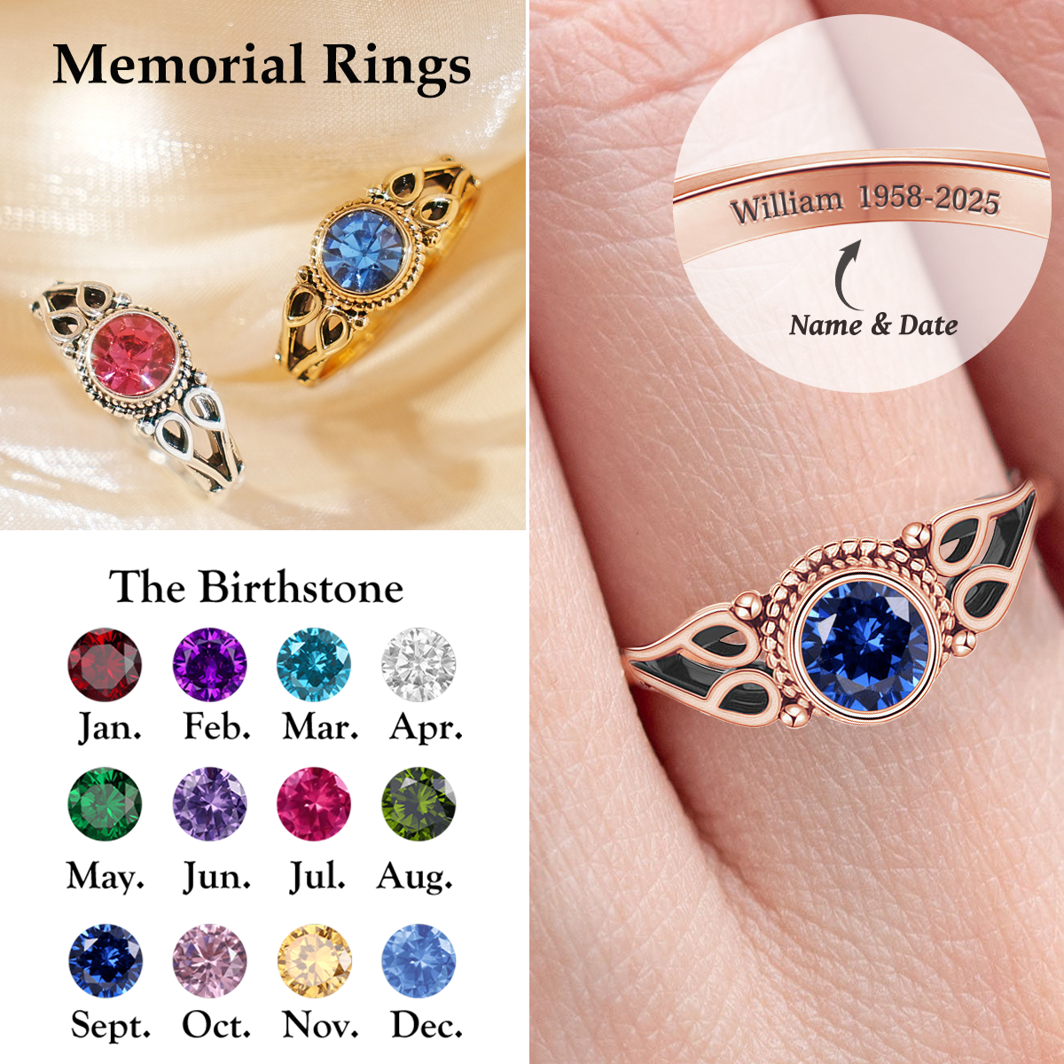 Personalized Engraved Name Ring Memorial Birthstone Ring