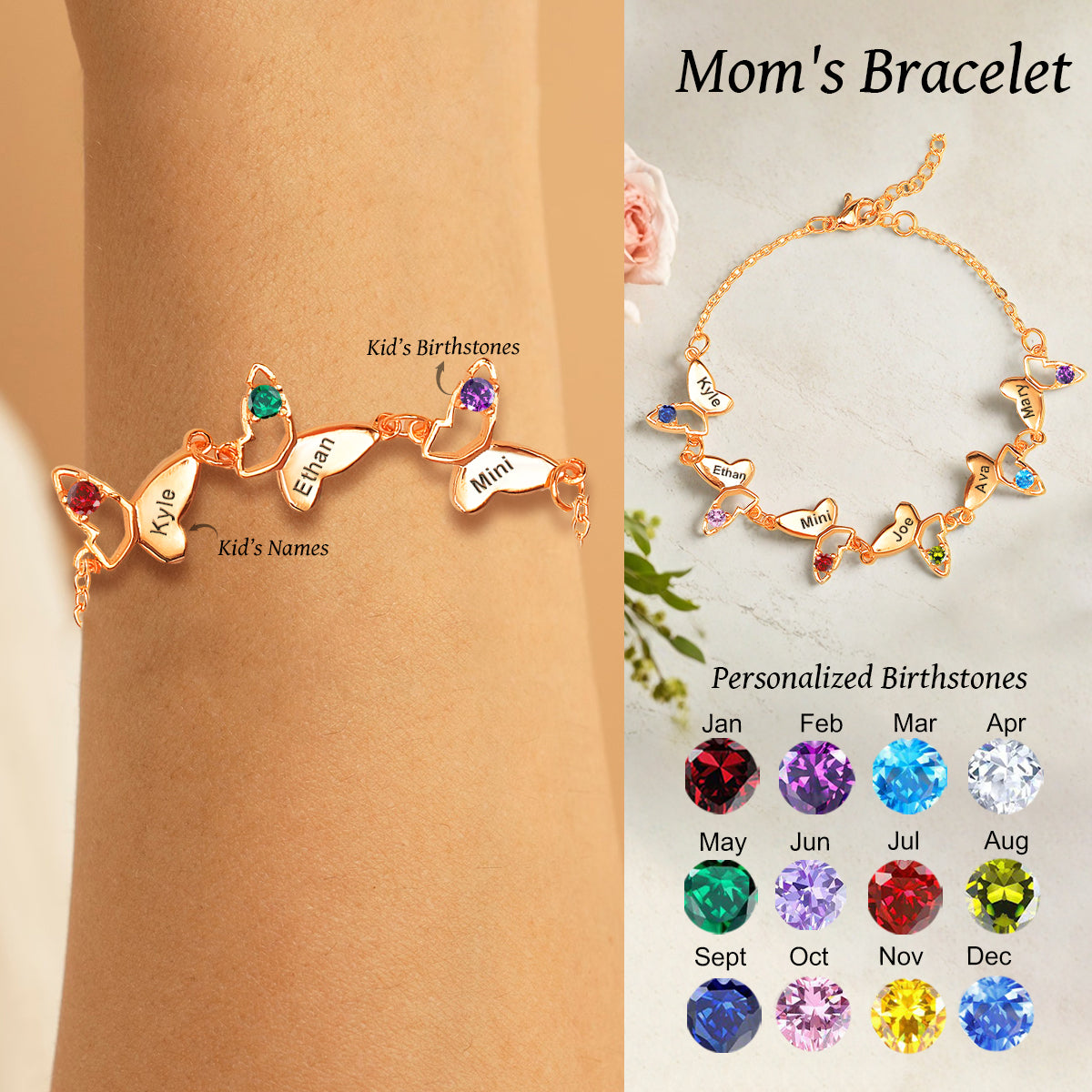 Personalized Butterfly Name Birthstone Bracelet For Mom Grandma