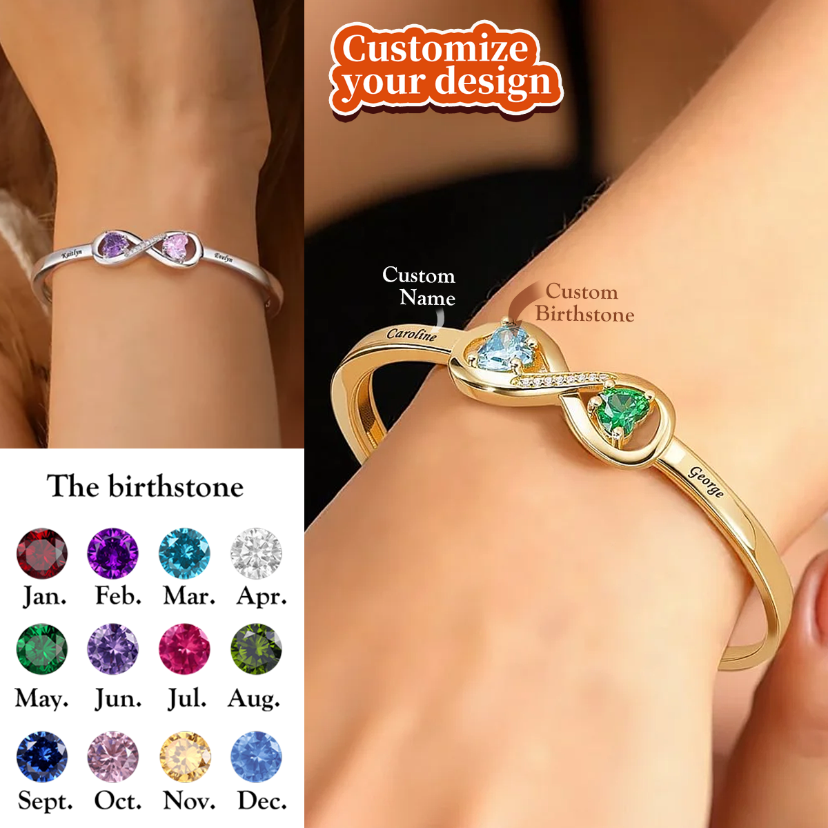 Personalized Bracelet with Names & Heart Birthstones, Anniversary Gift for Her