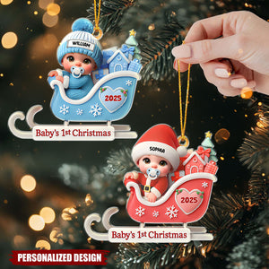Baby Santa In Sleigh First Christmas - Personalized Custom Shaped Acrylic Ornament