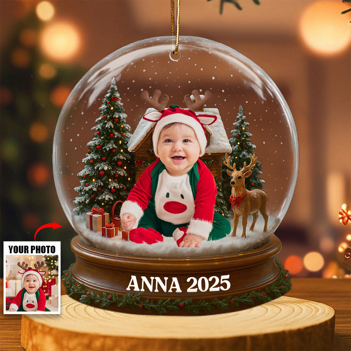 Baby's 1st Christmas With Santa Suit And Reindeer, Custom Acrylic Ornament