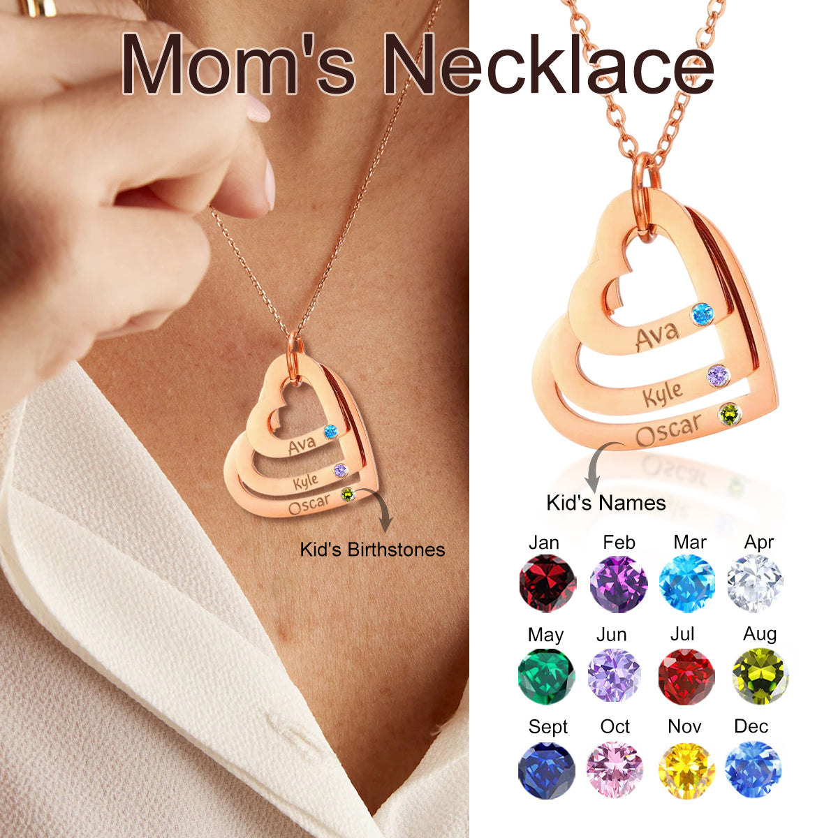 Personalized Birthstone Name Heart Necklace, Mother's Day Gift