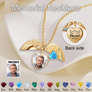 Always In My Heart, Custom Photo Angel Wing Birthstone Necklace