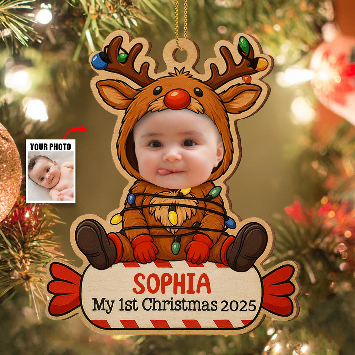Baby In Reindeer Costume, Personalized Photo Christmas Wood Ornament