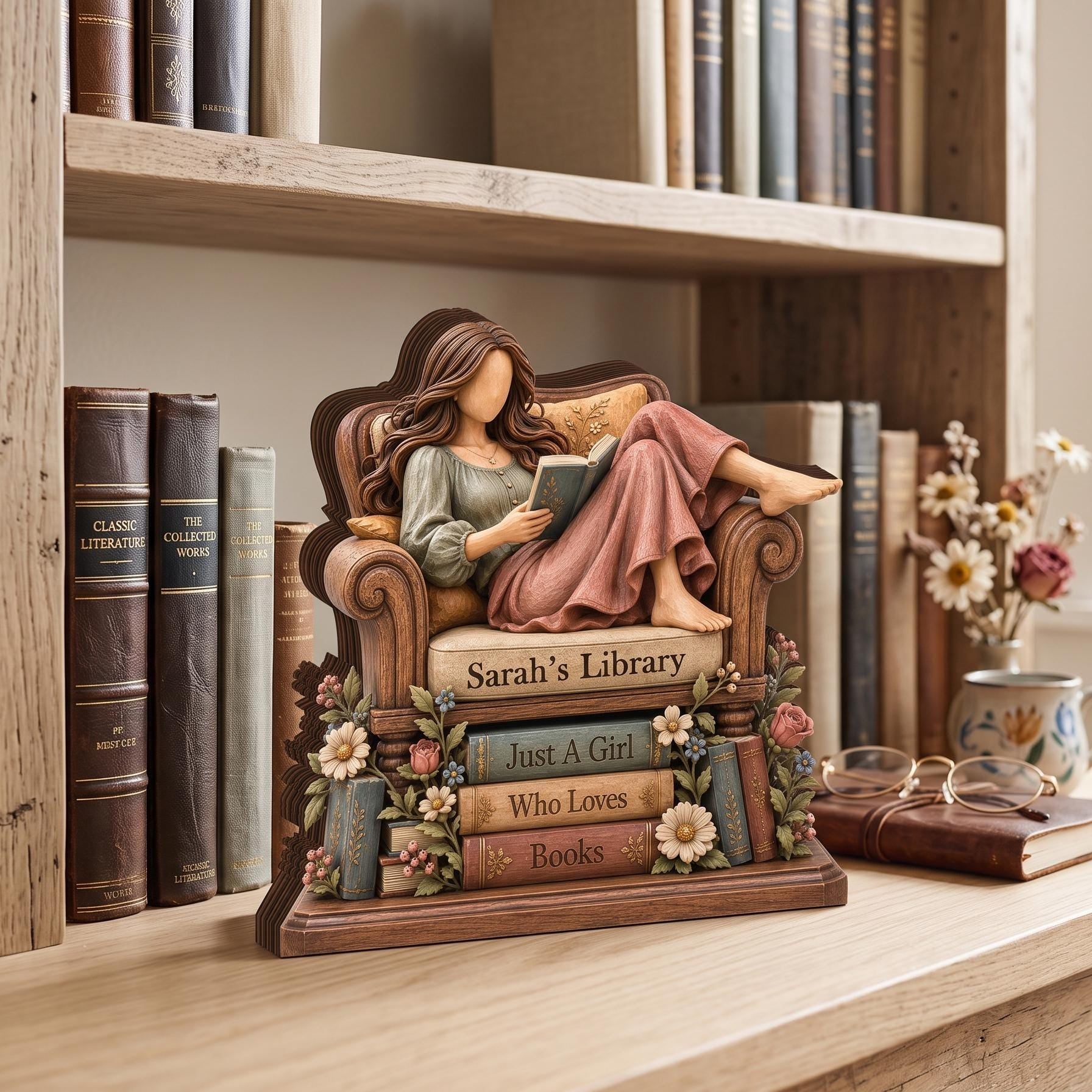 Personalized Book Lover Wooden Block, Custom Name Reading Girl Desk Decor