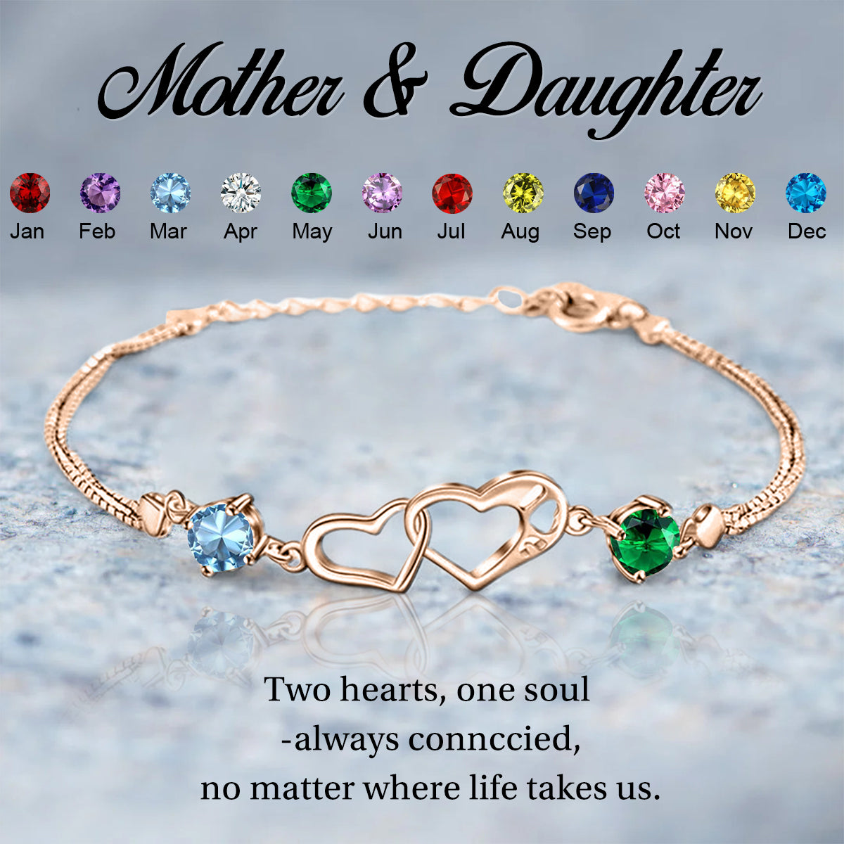Personalized Mother & Daughter Two Heart Birthstone Bracelet
