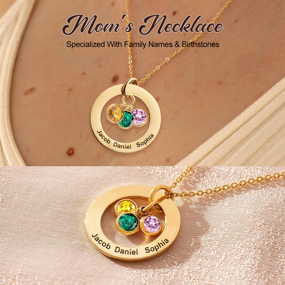 Personalized Name & Birthstone Necklace For Mom Grandma