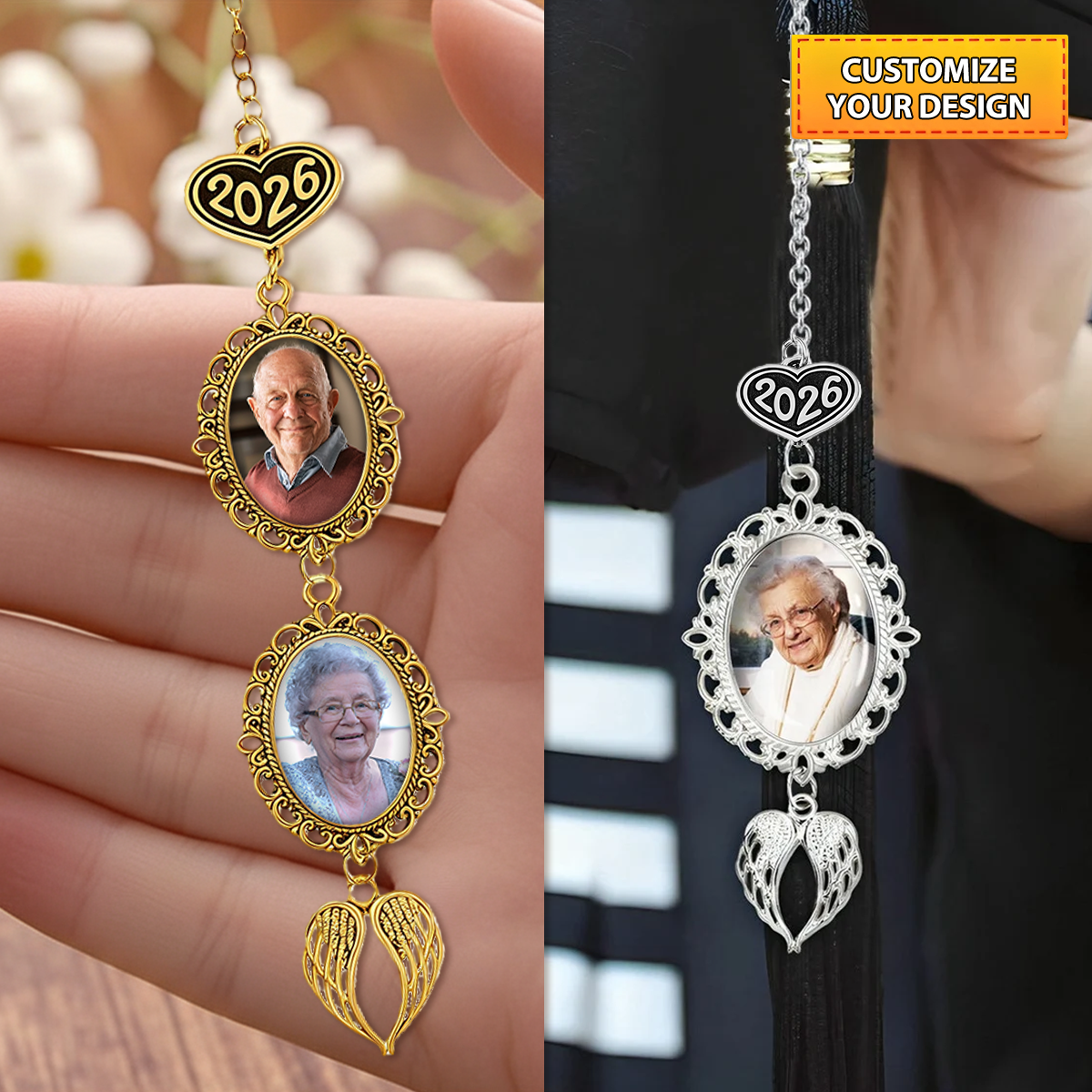 Personalized Graduation Tassel Photo Charm with Angel Wing