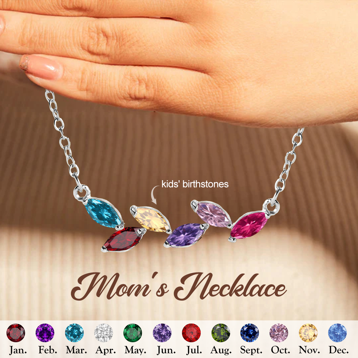 Personalized Family Birthstone Necklace, Gift For Grandma Mom