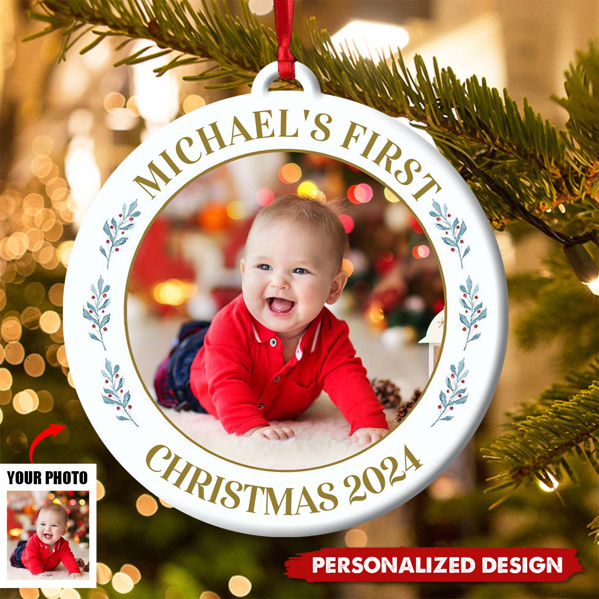 Baby's First Christmas Photo Circle Ceramic Ornament