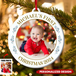 Baby's First Christmas Photo Circle Ceramic Ornament