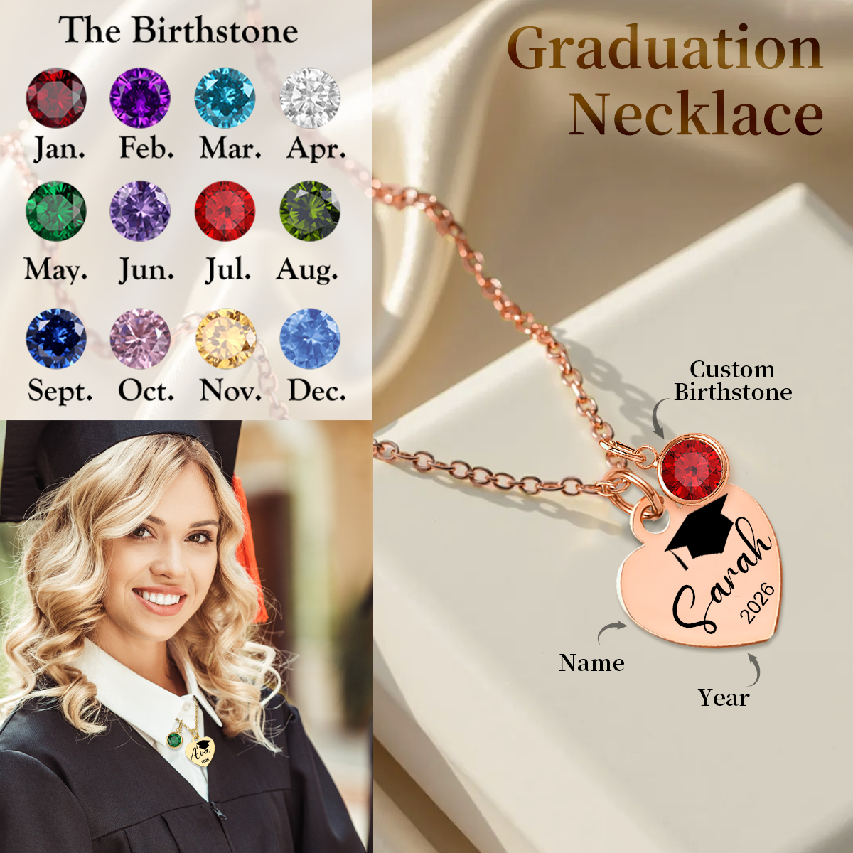 Personalized Graduation Birthstone Necklace,Gift for Graduates