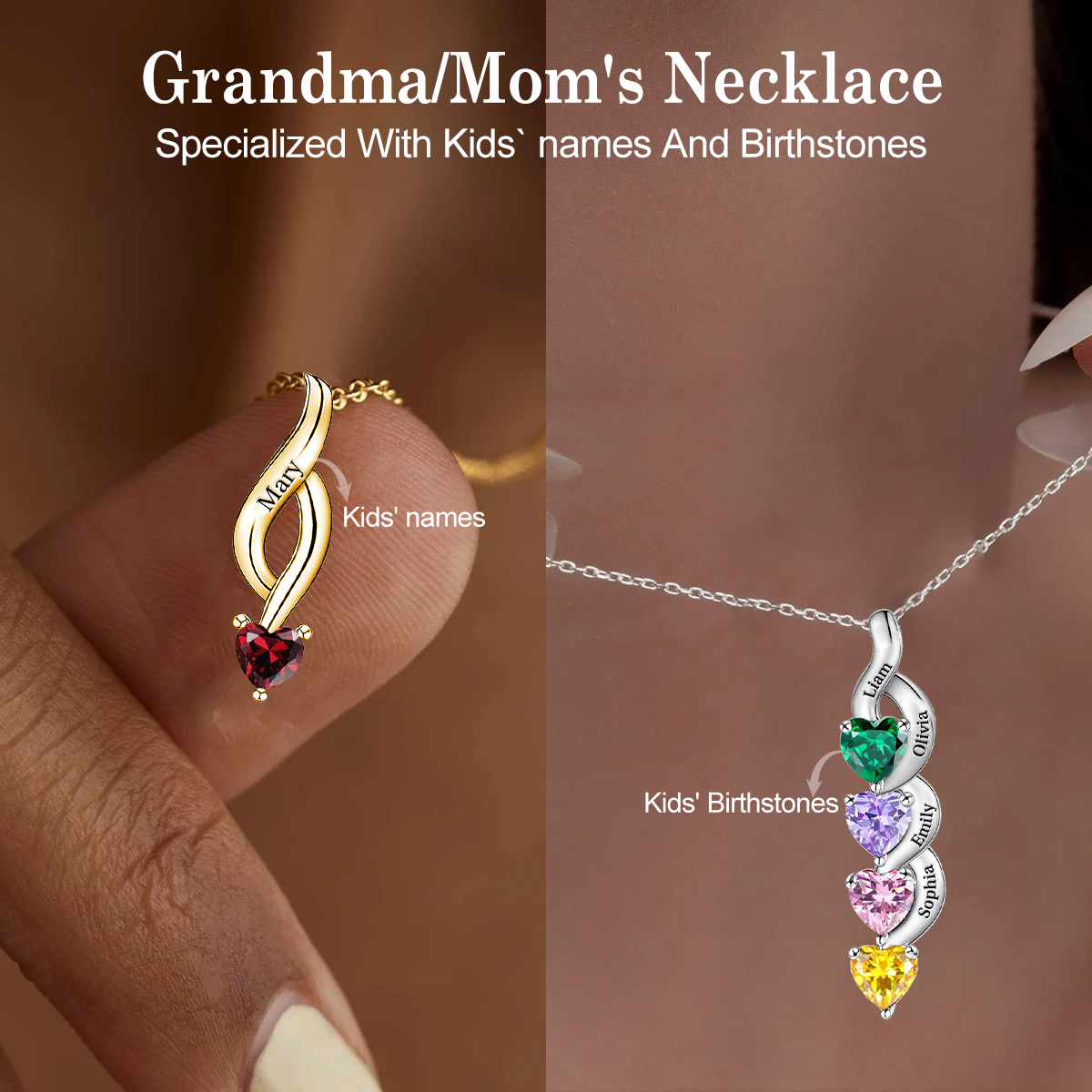 Gift For Mom Grandma - Personalized Birthstone Name Necklace