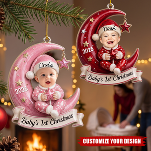 Personalized Baby's First Christmas Ornament, Custom Photo Santa Hat Moon and Star Keepsake