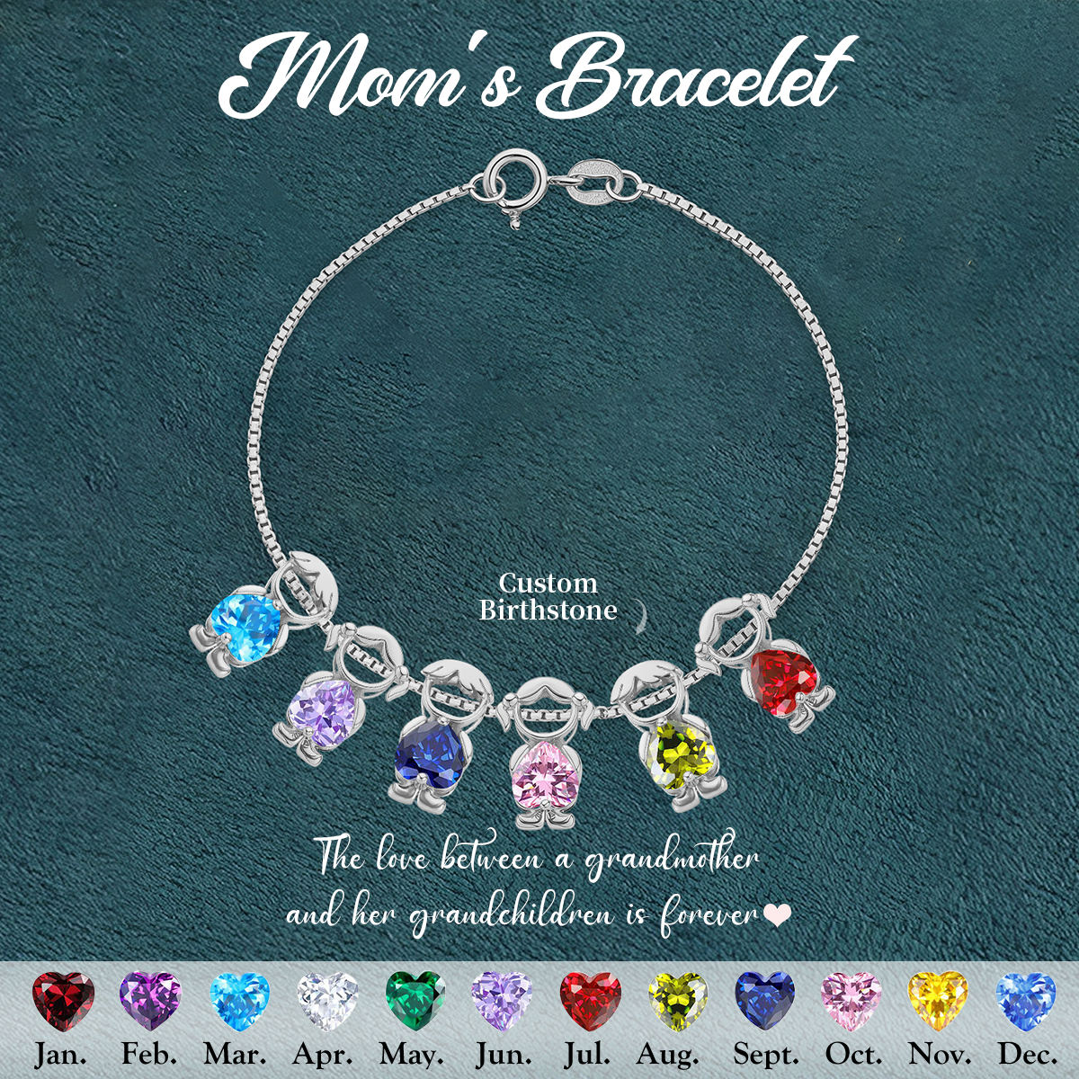 Personalized Kids Heart Birthstone Bracelet, Gift For Mom Grandma