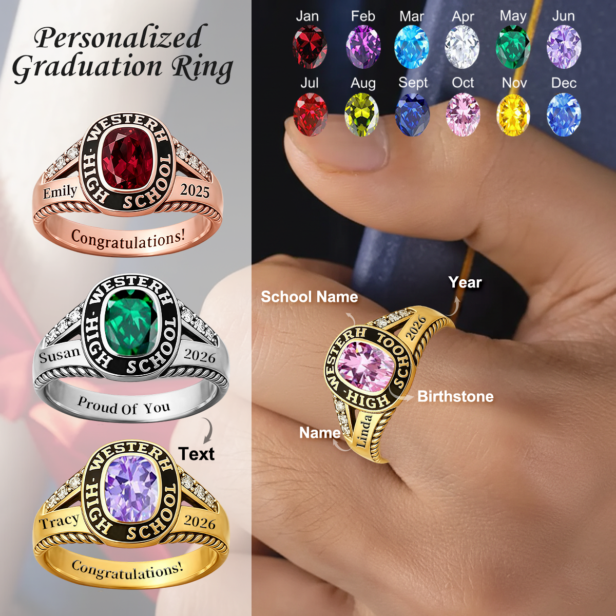 Personalized Engraved Birthstone Graduation Ring Gift for Graduates
