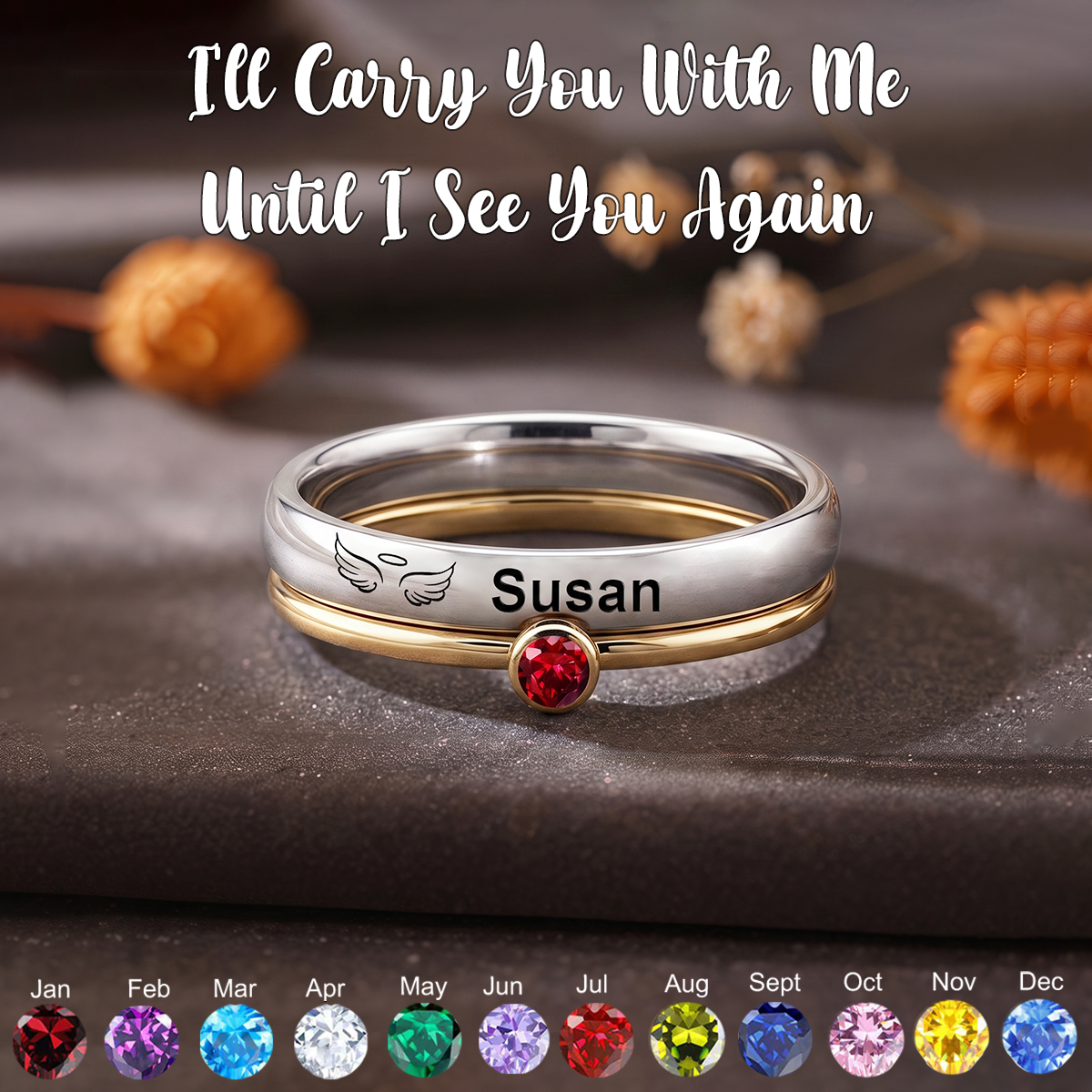 Always In My Heart, Personalized Wings Stacking Birthstone Memorial Ring