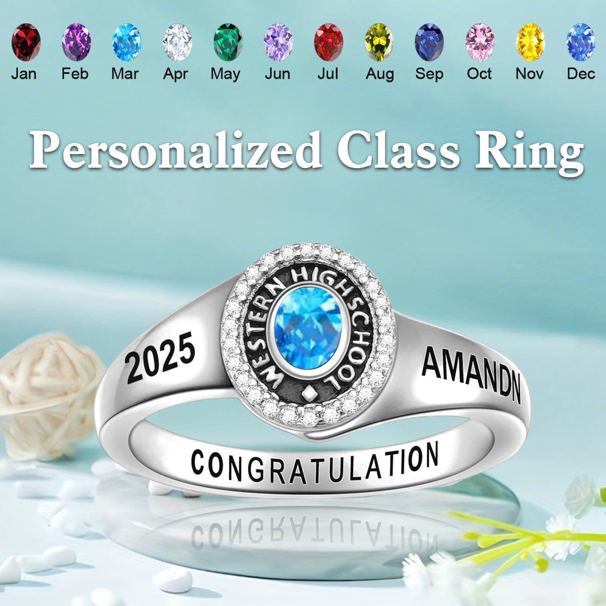 Personalized College High School Engraved Birthstone Class Ring
