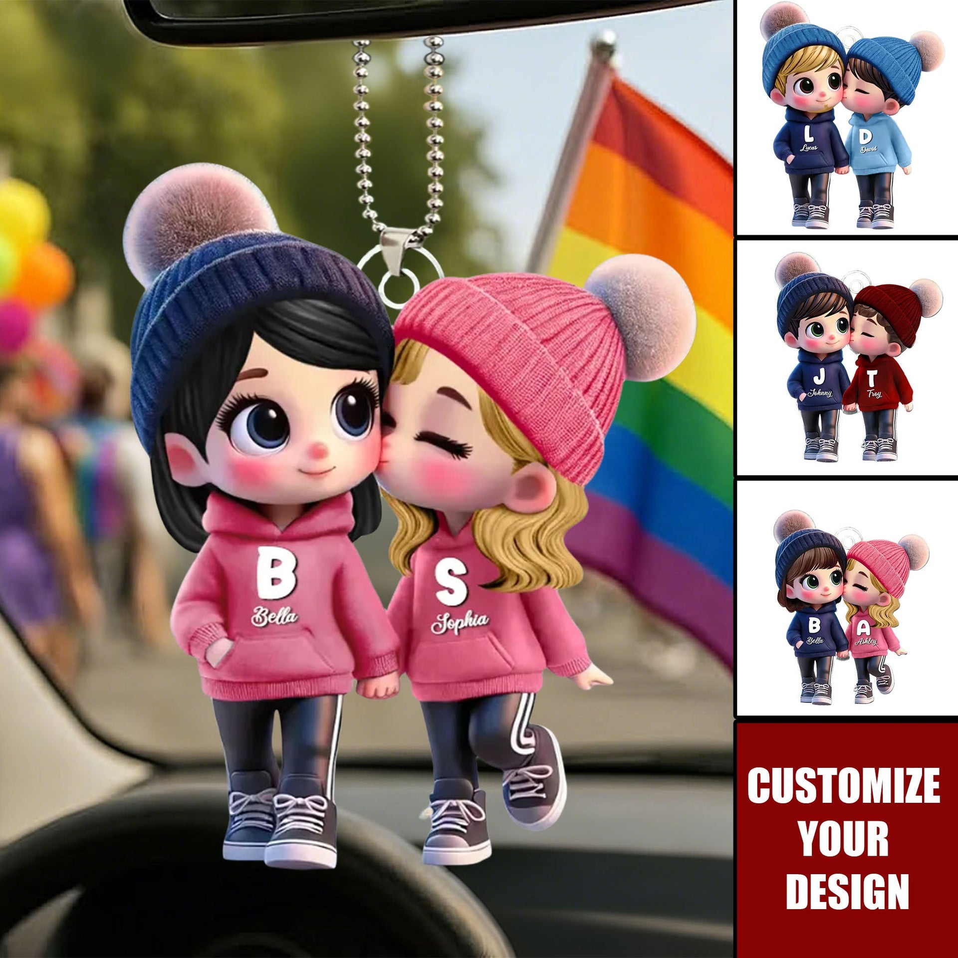 Cute LGBTQ Cartoon Couple Personalized Acrylic Car Ornament