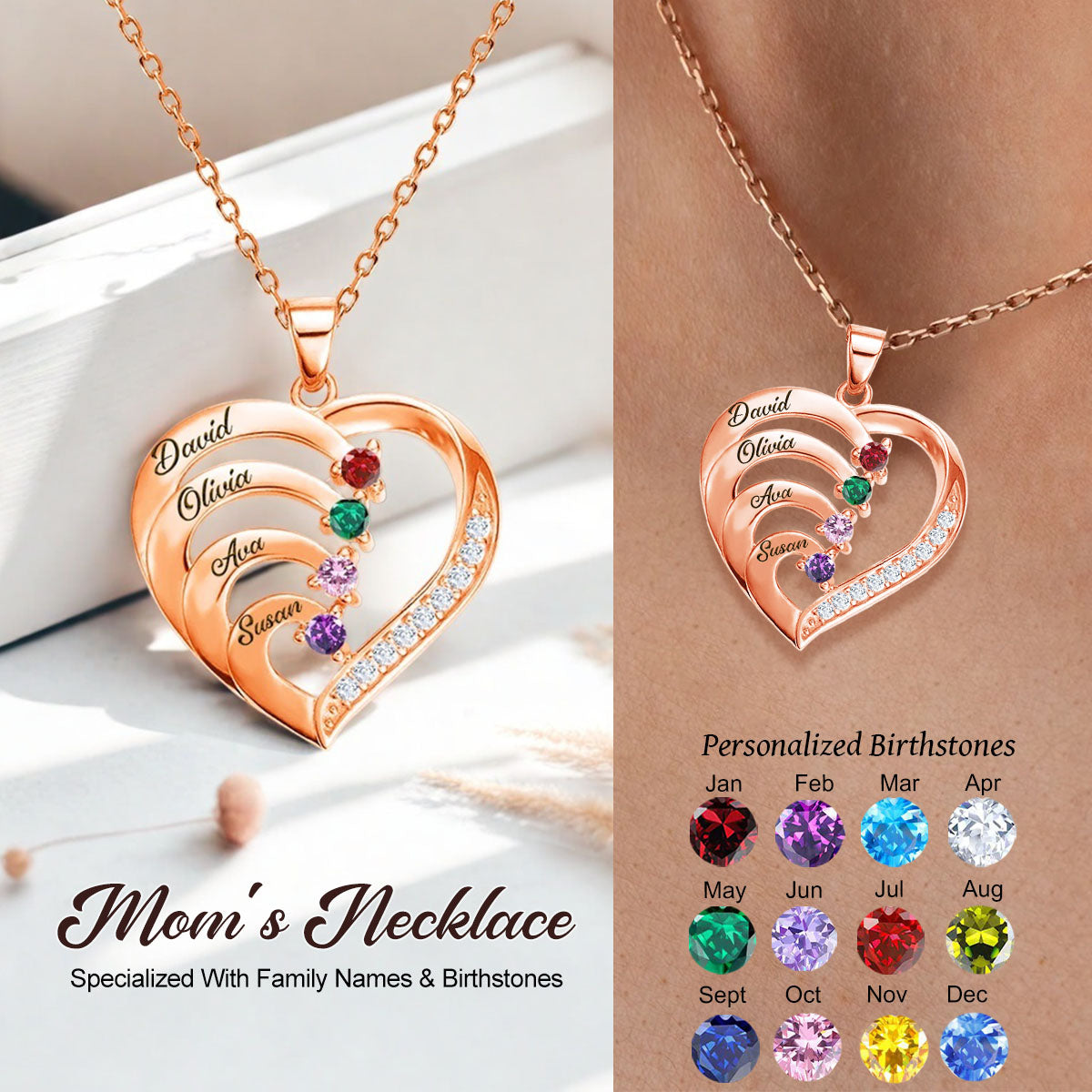 Personalized Family Heart Birthstone Necklace For Mom Grandma