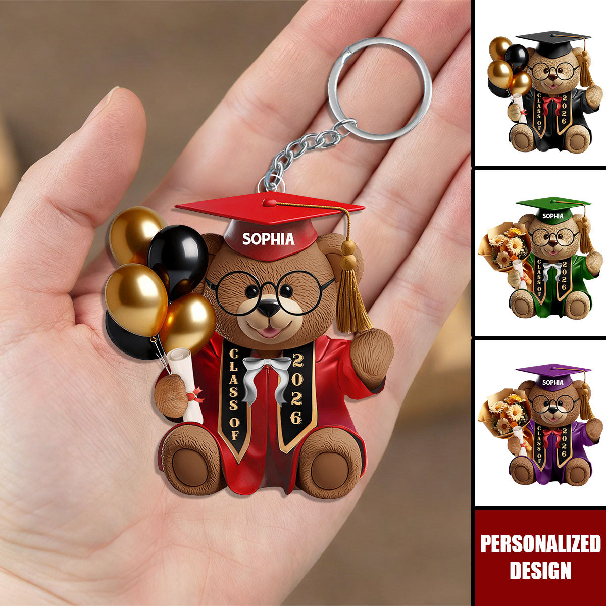 Personalized Graduation Bear Keychain, Custom Name Class Year Gift for Graduate