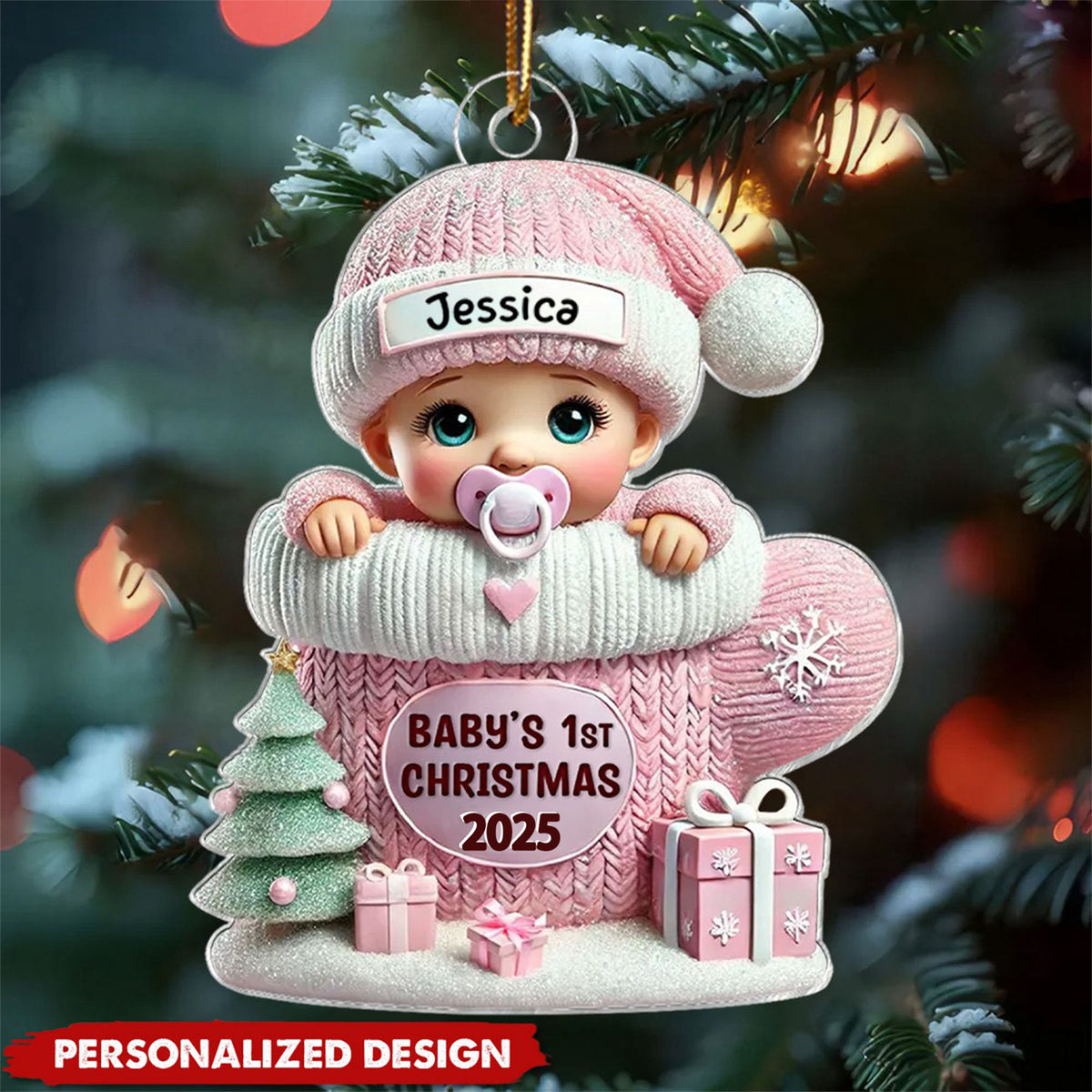 Baby In Mitten 3D Effect Baby's First Christmas Personalized Acrylic Ornament