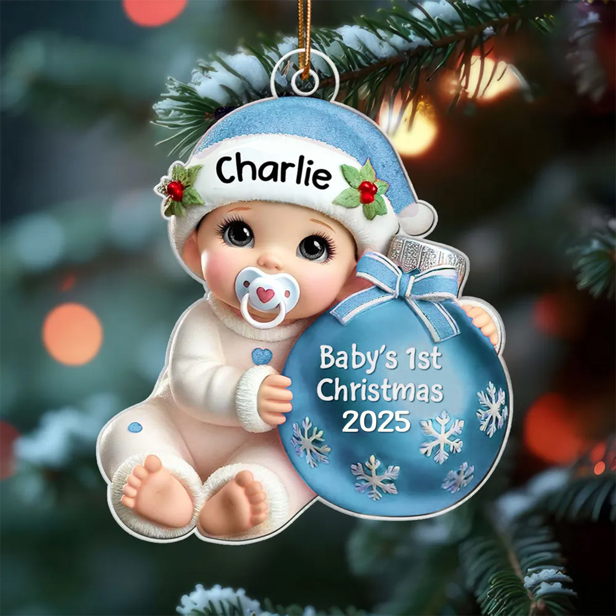 Baby Beside Christmas Bauble 3D Effect Baby's First Christmas Personalized Ornament
