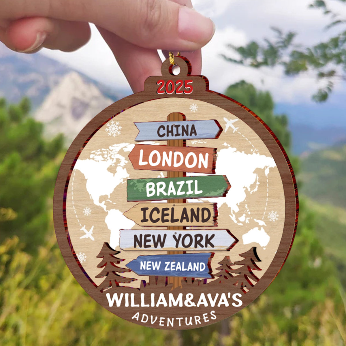 Travel Adventure Personalized Wood Ornament, Couple Gift