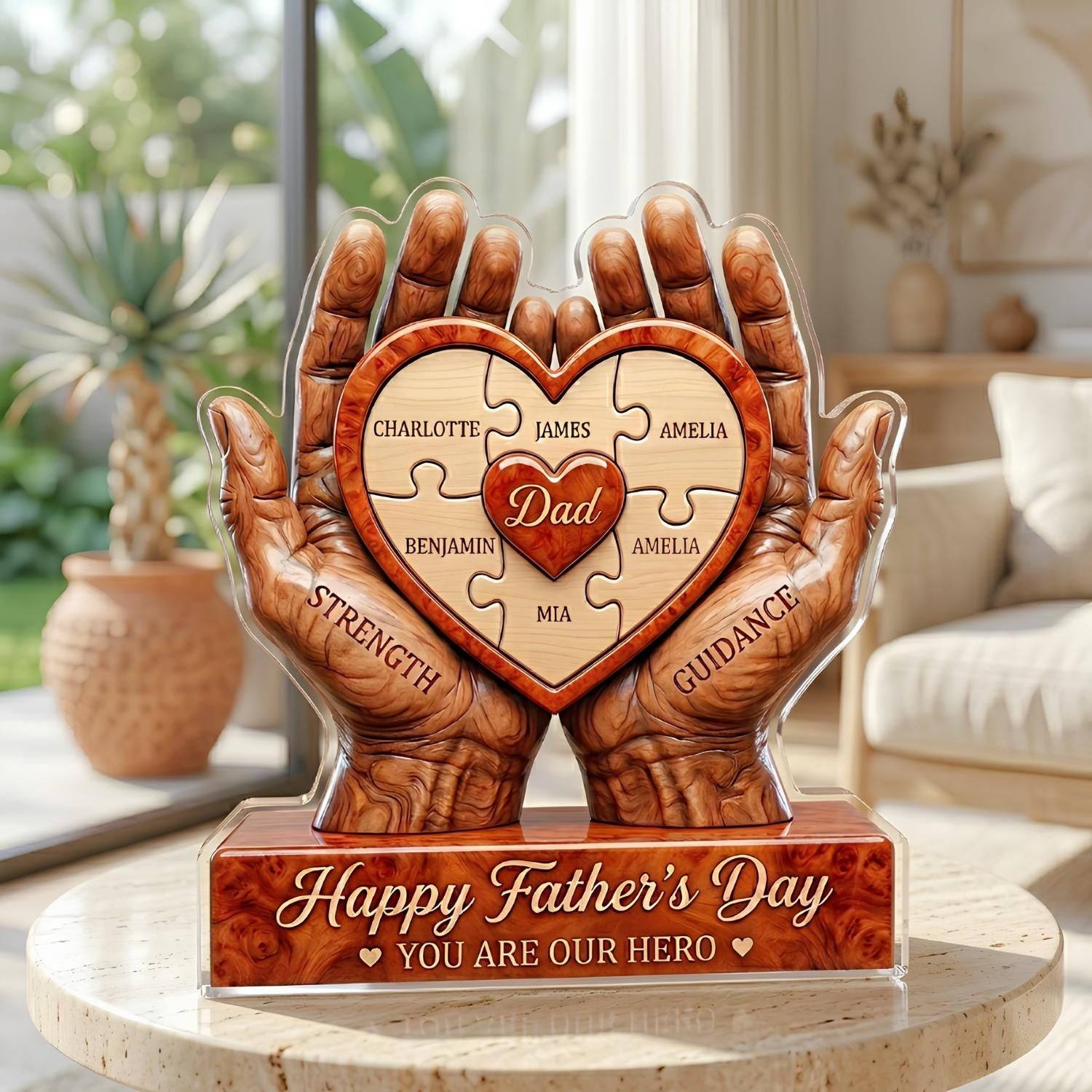 Personalized Faux Wood Dad Hands Holding Puzzle Heart Acrylic Block