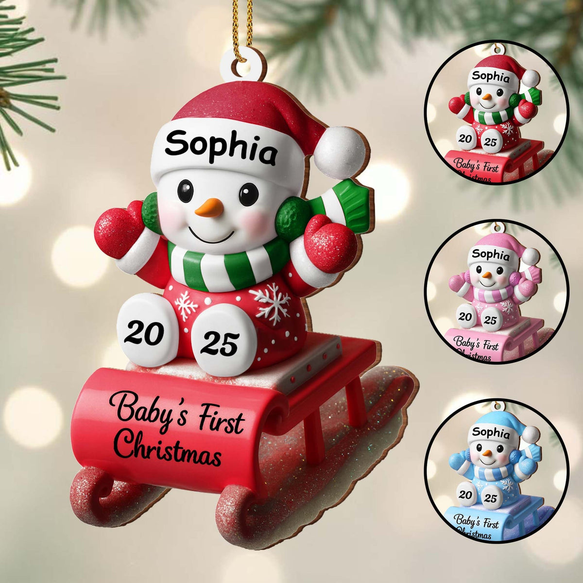 Baby's First Christmas Snowman On Sleigh - Personalized Christmas Ornament