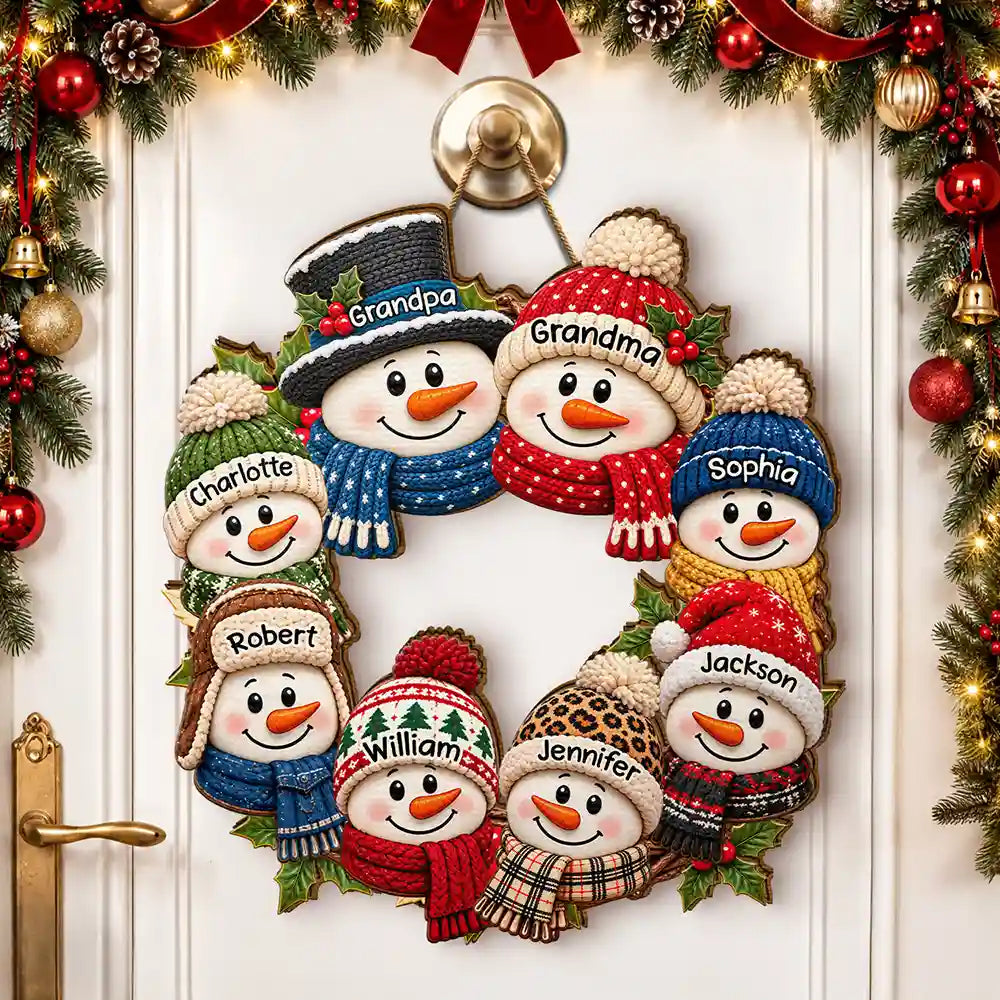 Christmas Decor For Grandparents - Personalized Snowman Wreath Wood Sign