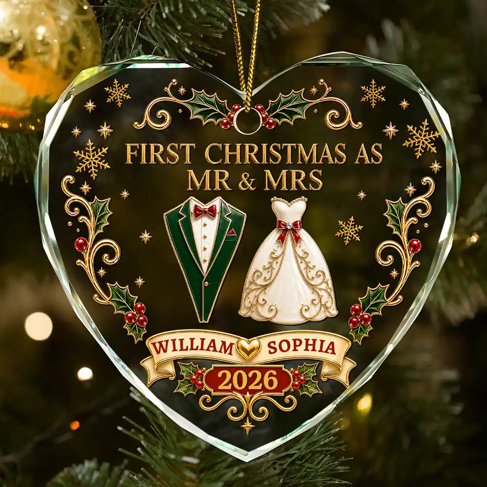 First Christmas As Mr. & Mrs. Vintage - Personalized Heart Shaped Glass Ornament