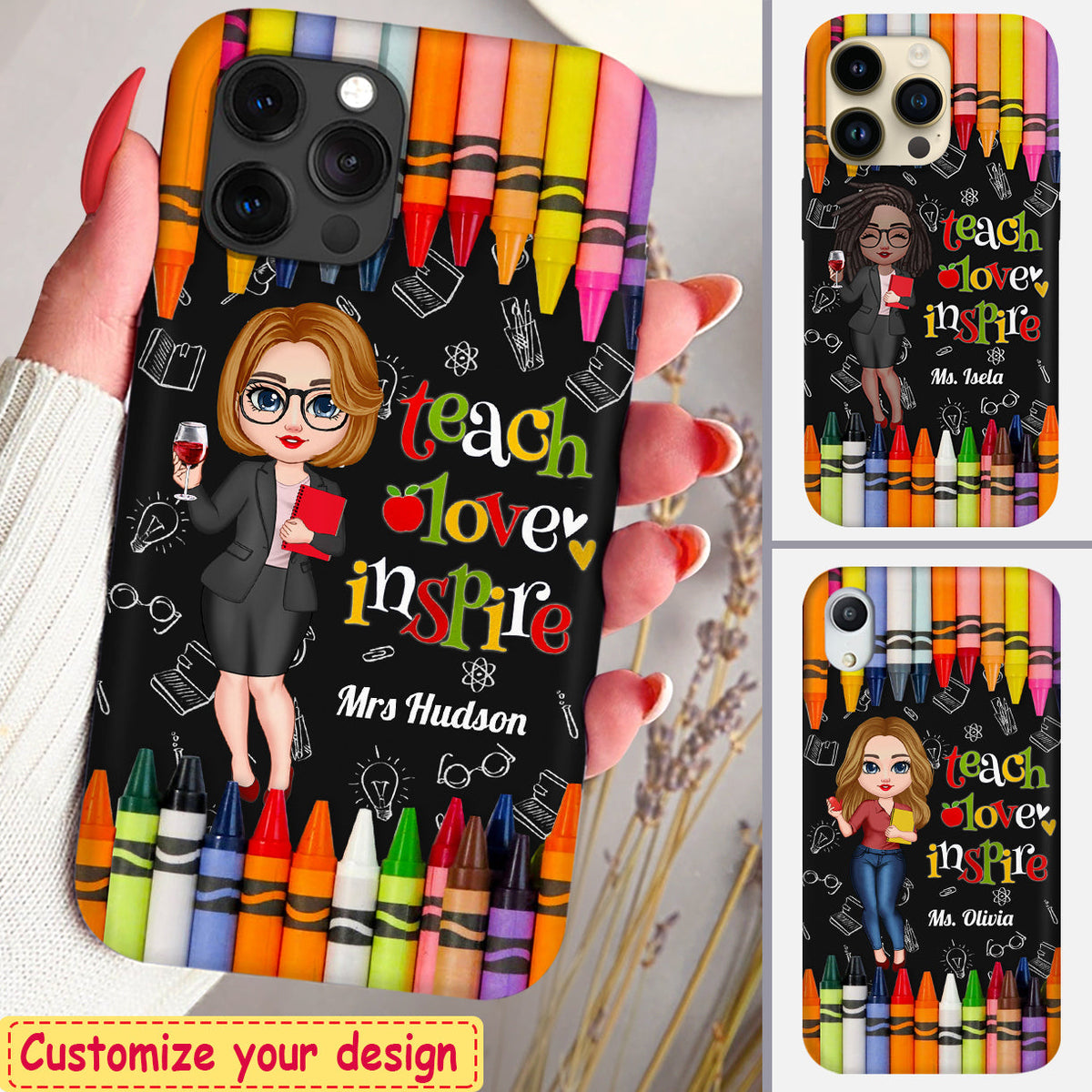 Colorful Crayon Teach Love Inspire Cute Pretty Doll Teacher Dark Background Personalized Phone case