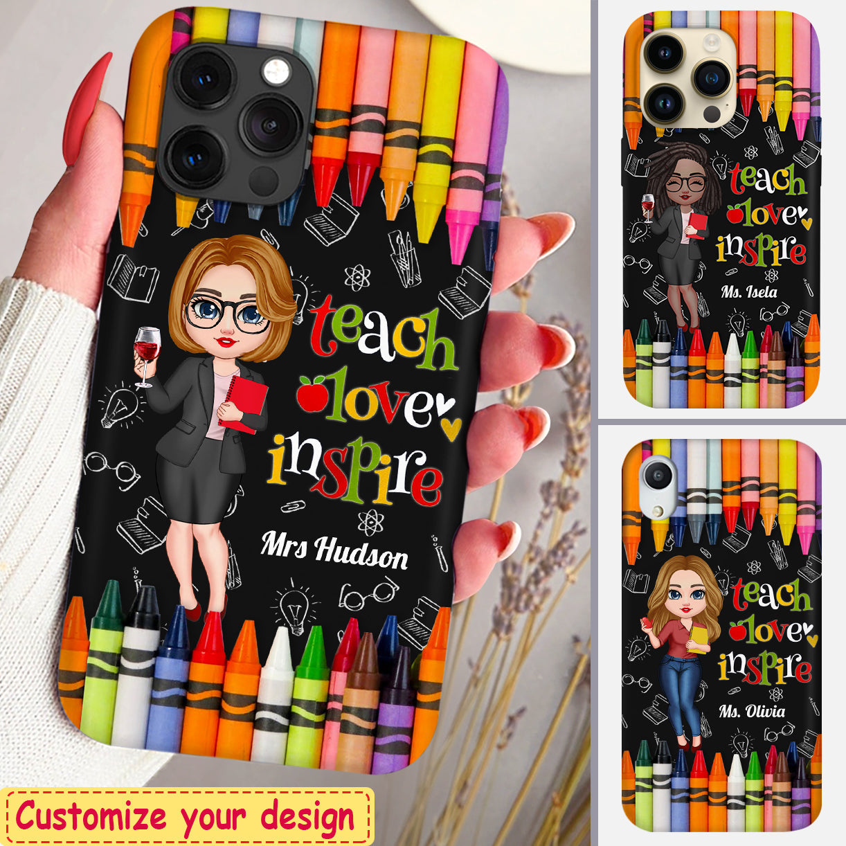 Colorful Crayon Teach Love Inspire Cute Pretty Doll Teacher Dark Background Personalized Phone case