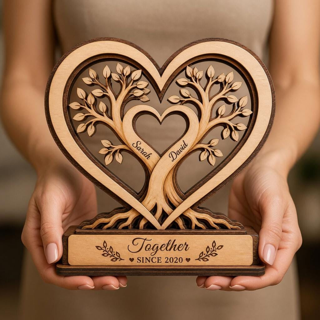 Personalized Couple Wooden Block, Heart Tree Decor, Wedding Anniversary