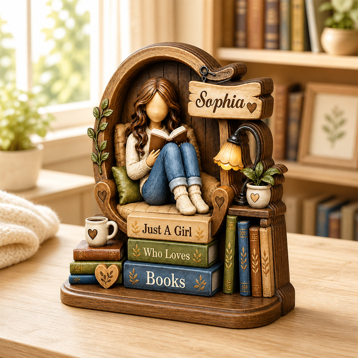 Personalized Girl Reading Wooden Plaque, Book Lover Gift
