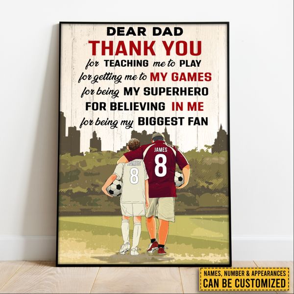 Personalized Dear Dad, Thank You For Teaching Me To Play Soccer Poster-Gifts For Soccer Players,Son,Dad,Coach