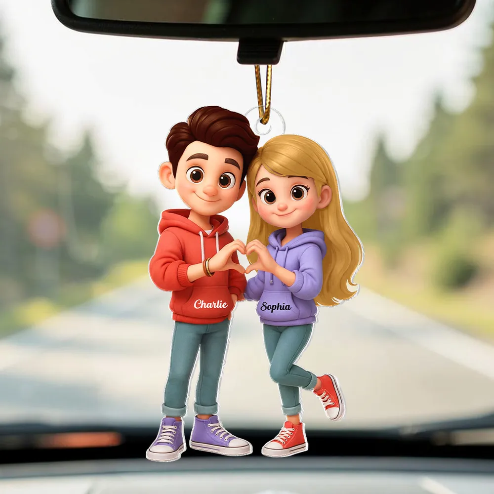 Cute Cartoon Couple Heartfelt Moment - Personalized Acrylic Car Hanger
