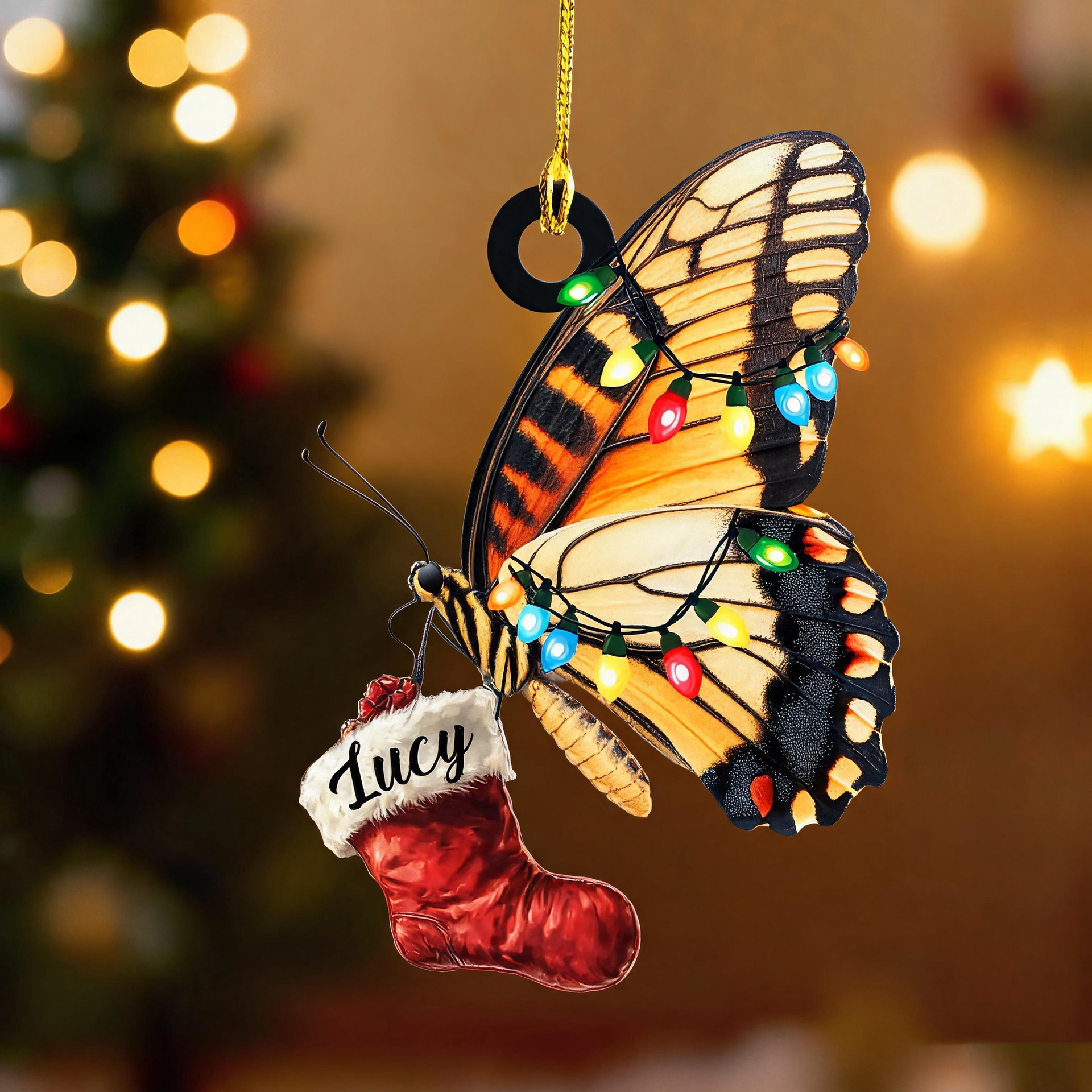 Custom Name Butterfly With Christmas Stocking Xmas Ornament