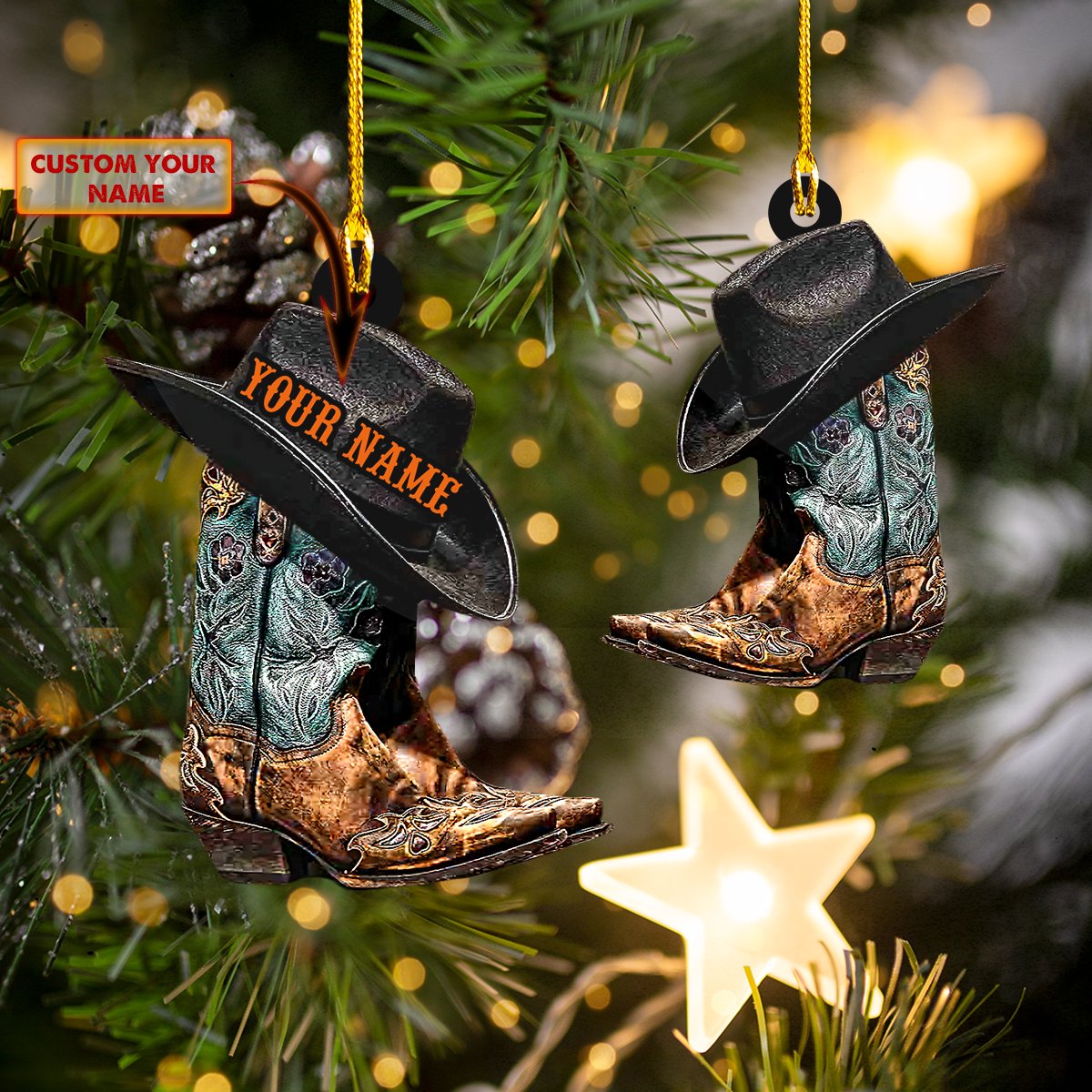 Cowboy Boots And Hat, Cowboy Christmas - Personalized Christmas Acrylic Ornament