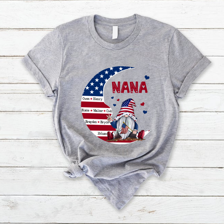 Personalized Grandma Gnome Moon American Flag T-Shirt