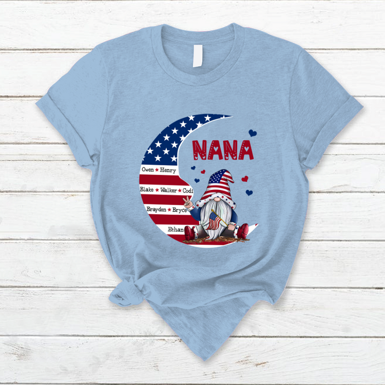 Personalized Grandma Gnome Moon American Flag T-Shirt