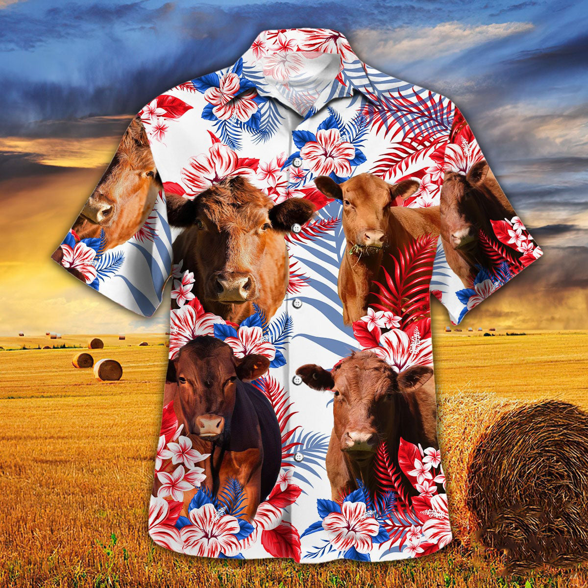 Red Angus In American Flag Patterns Hawaiian Shirt