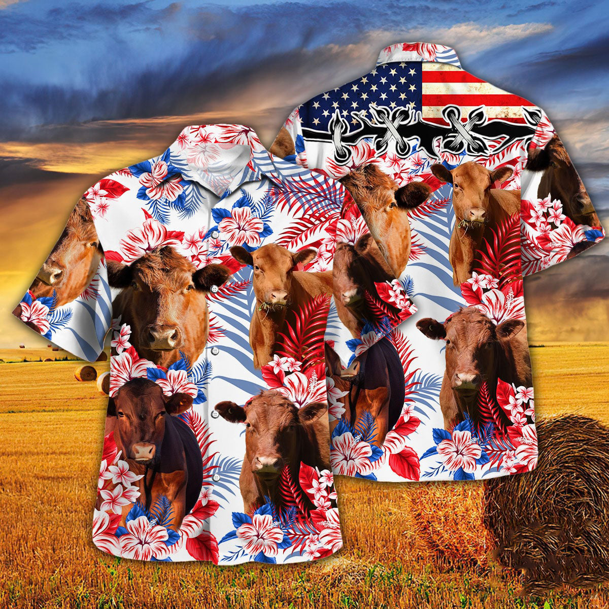 Red Angus In American Flag Patterns Hawaiian Shirt