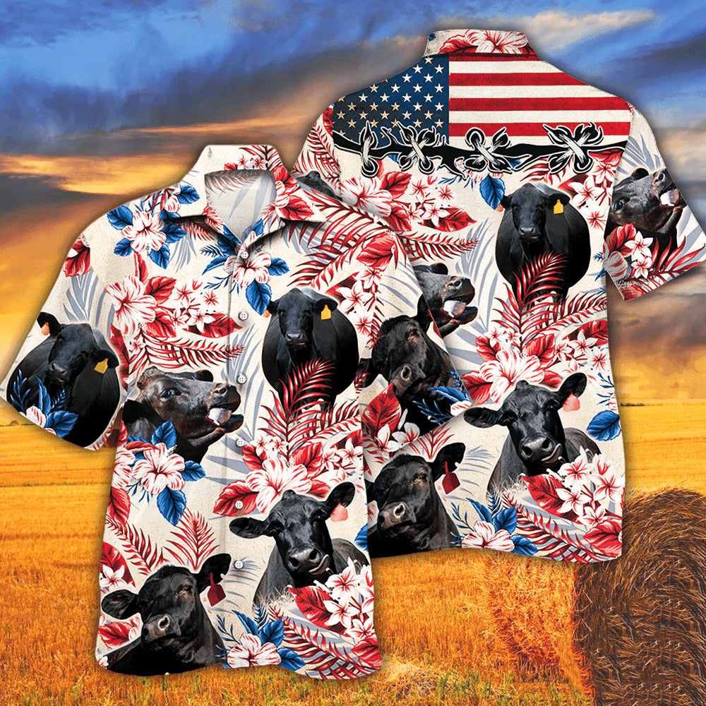 Black Angus In American Flag Patterns Hawaiian Shirt