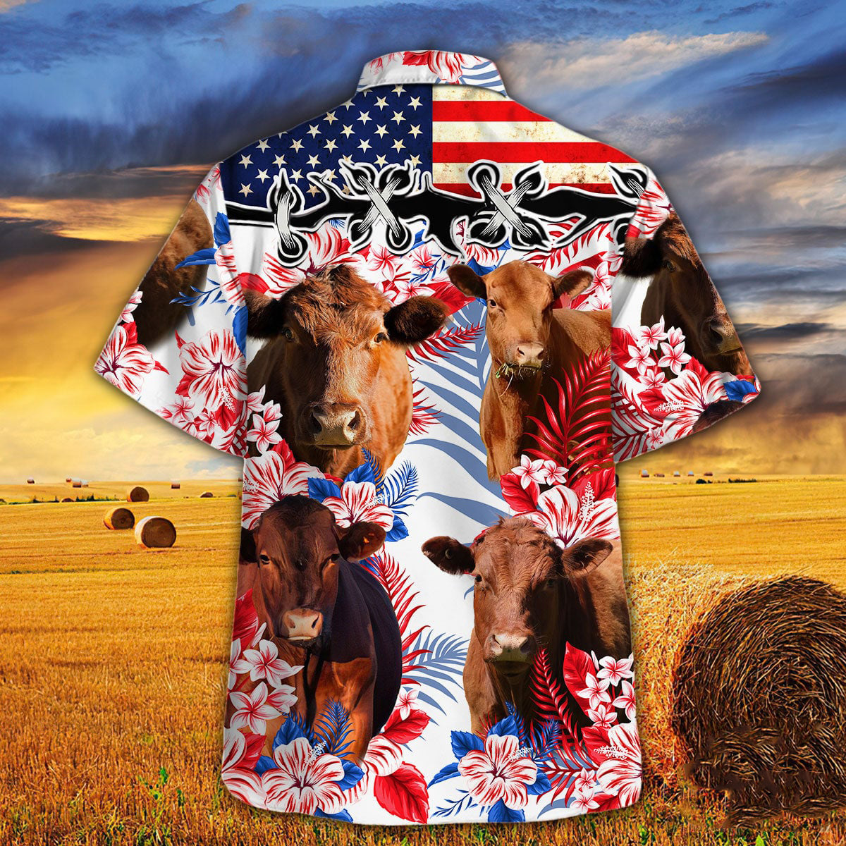 Red Angus In American Flag Patterns Hawaiian Shirt