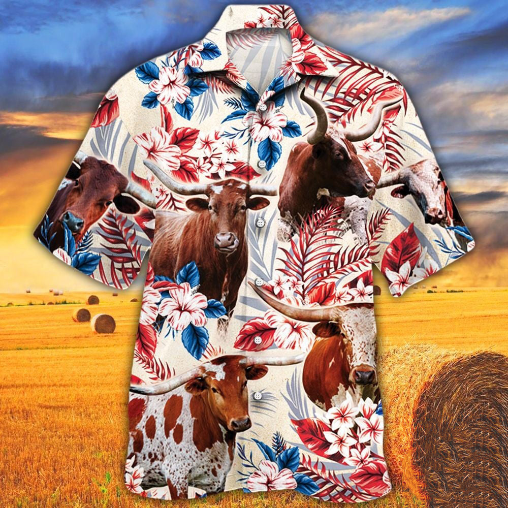 Tx Longhorn In American Flag Patterns Hawaiian Shirt
