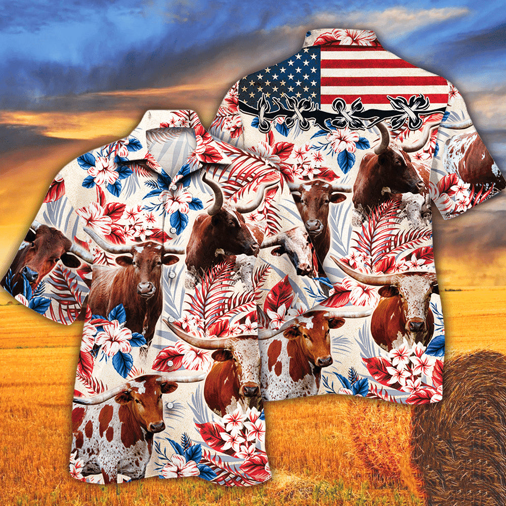 Tx Longhorn In American Flag Patterns Hawaiian Shirt